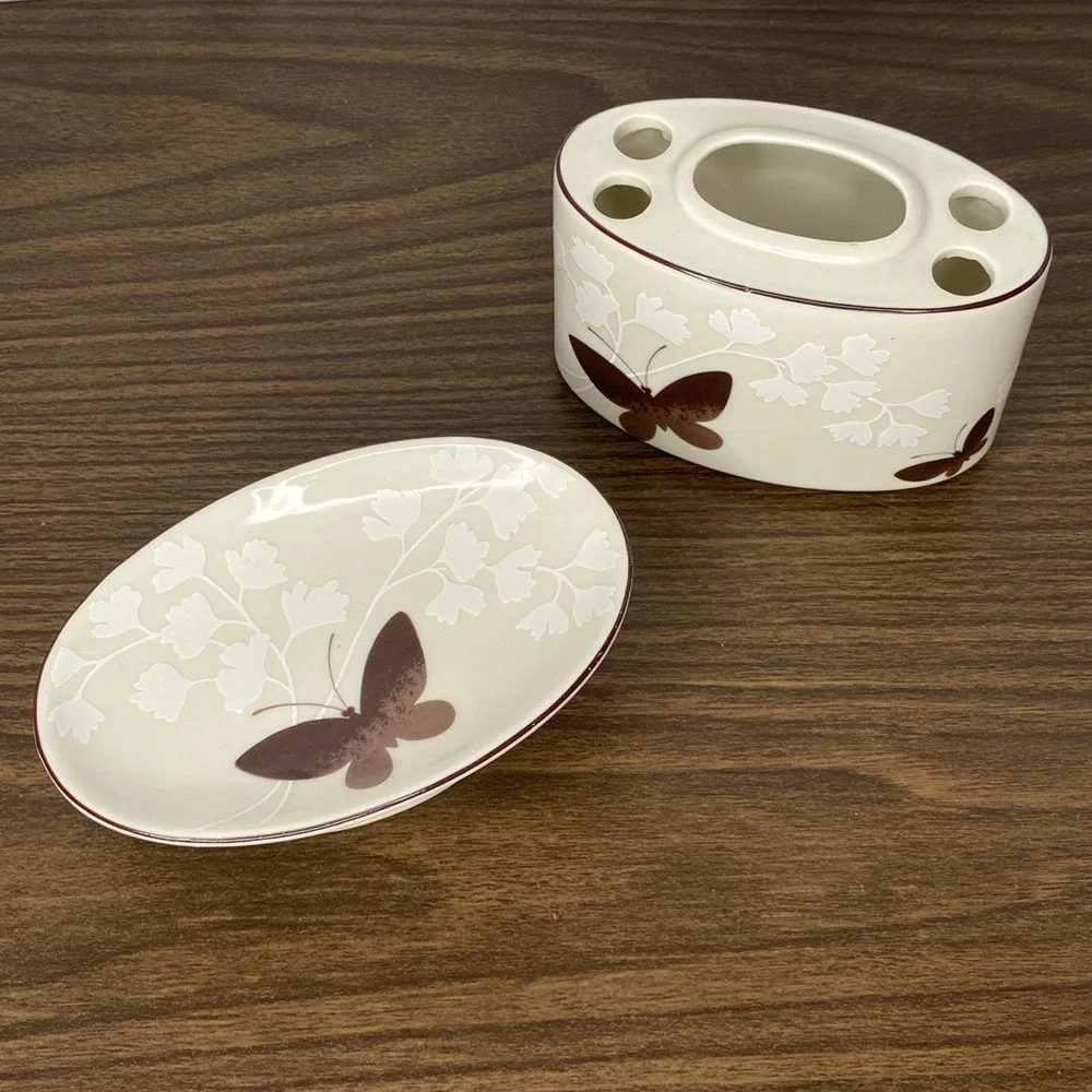 VTG Brown Butterfly Soap Dish & Toothbrush Holder Set •Japan• MCM• Ames Style